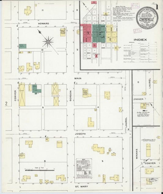 Sanborn Fire Insurance Map from Centreville, Wilkinson County, Mississippi (1909), Sheet #0001 - Historic Sanborn Fire Insurance Map Print, vintage old map wall art, antique decor, genealogy gift, Mississippi Mississippi map
