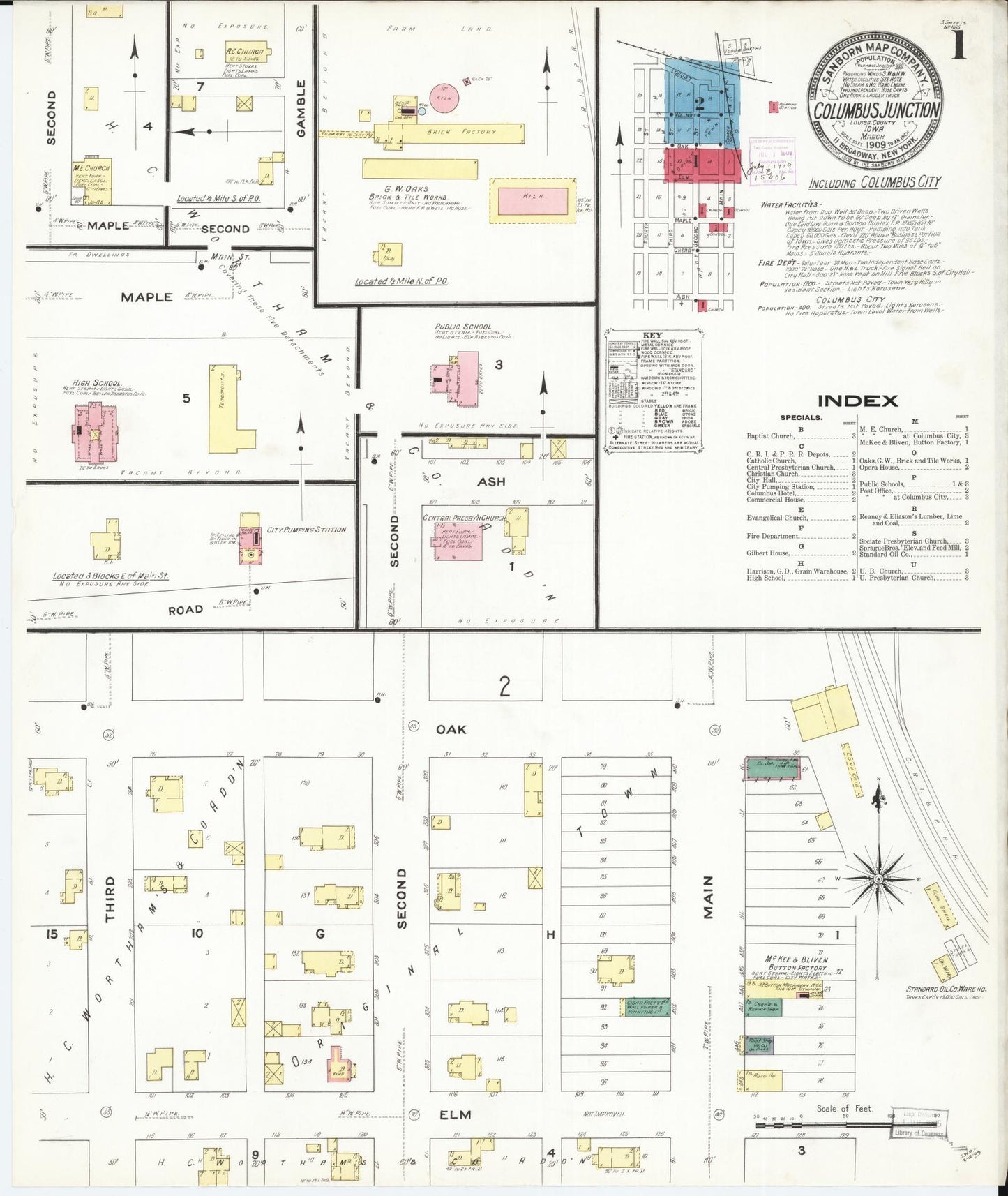 Sanborn Fire Insurance Map from Columbus Junction, Louisa County, Iowa (1909), Sheet #0001 - Historic Sanborn Fire Insurance Map Print, vintage old map wall art