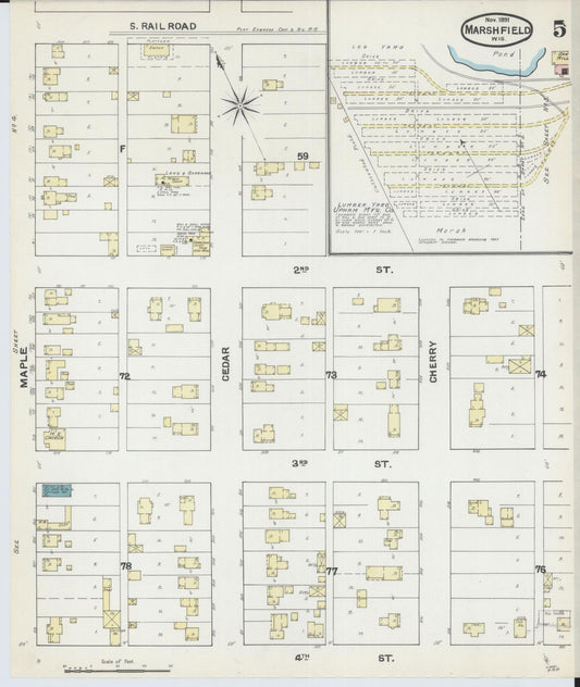 Sanborn Fire Insurance Map from Marshfield, Wood County, Wisconsin (1891), Sheet #0005 - Historic Sanborn Fire Insurance Map Print, vintage old map wall art, antique decor, genealogy gift, Wisconsin Wisconsin map