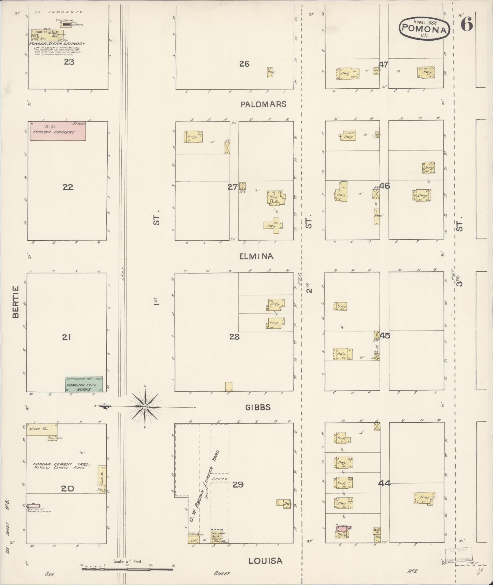 Sanborn Fire Insurance Map from Pomona, Los Angeles County, California (1888), Sheet #0006 - Complete Map Set gallery image, historic Sanborn map, vintage wall art, California California