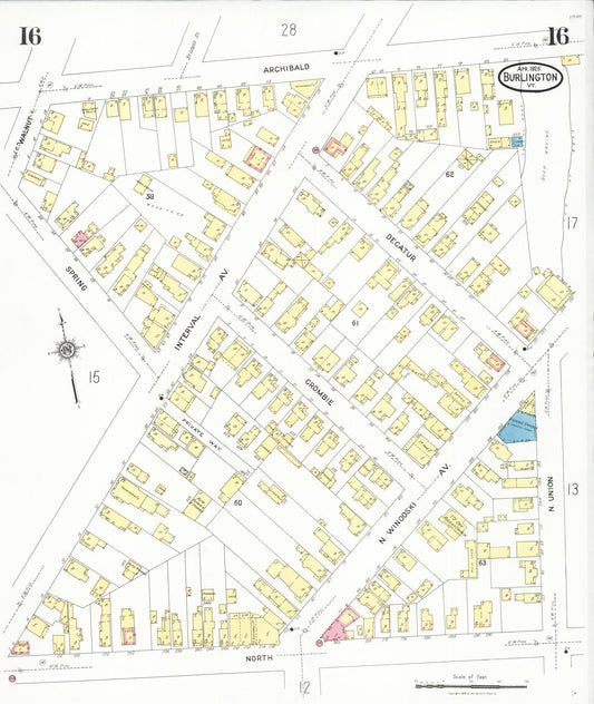 Sanborn Fire Insurance Map from Burlington, Chittenden County, Vermont (1926), Sheet #0016 - Historic Sanborn Fire Insurance Map Print, vintage old map wall art, antique decor, genealogy gift, Vermont Vermont map