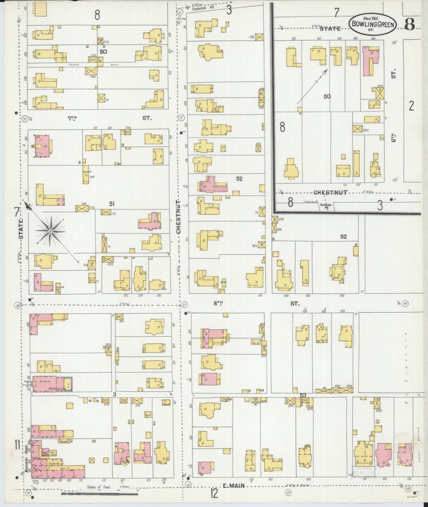 Sanborn Fire Insurance Map from Bowling Green, Warren County, Kentucky (1901), Sheet #0008 - Complete Map Set gallery image, historic Sanborn map, vintage wall art, Kentucky Kentucky