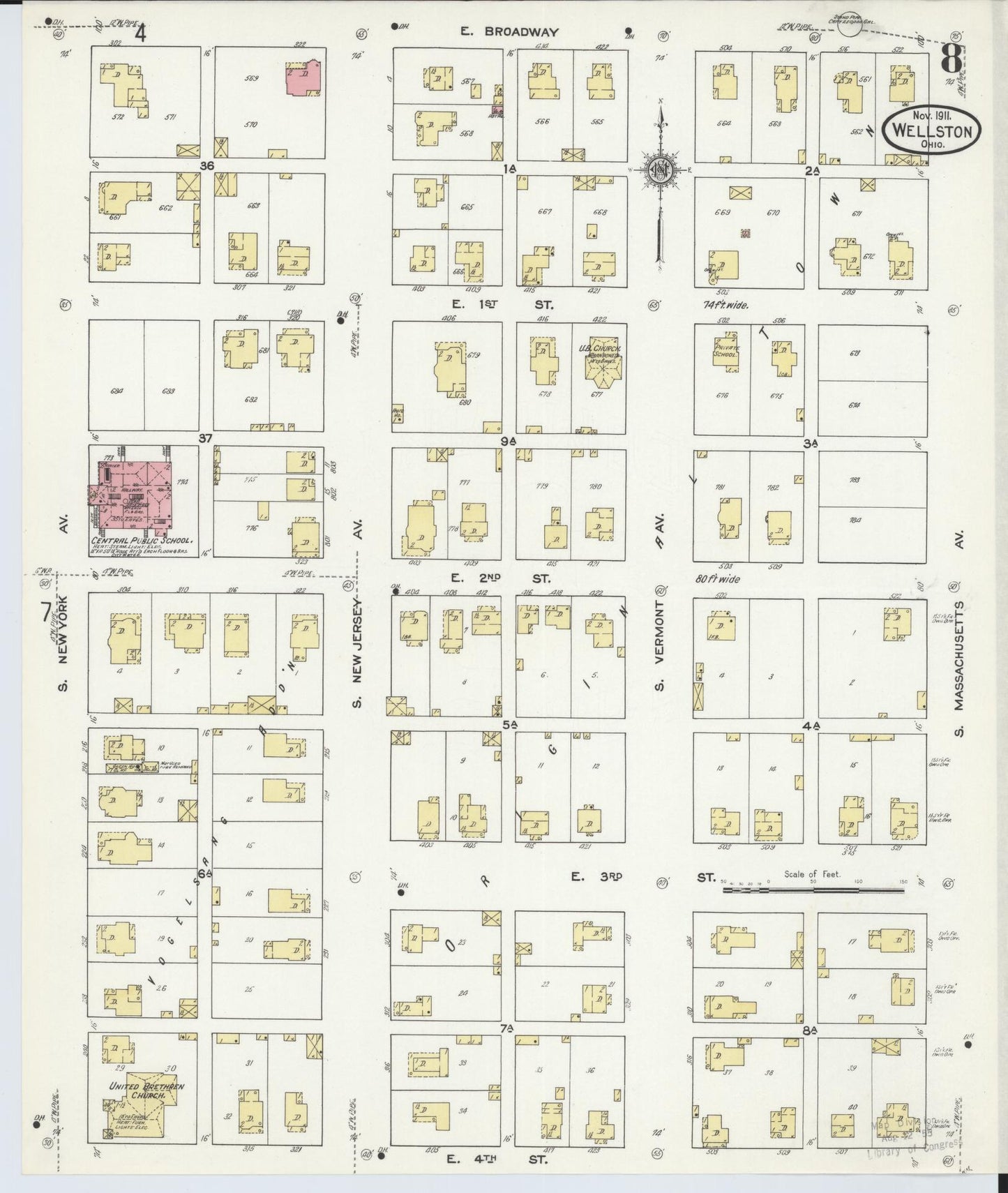 Sanborn Fire Insurance Map from Wellston, Jackson County, Ohio (1911), Sheet #0008 - Historic Sanborn Fire Insurance Map Print, vintage old map wall art, antique decor, genealogy gift, Ohio Ohio map