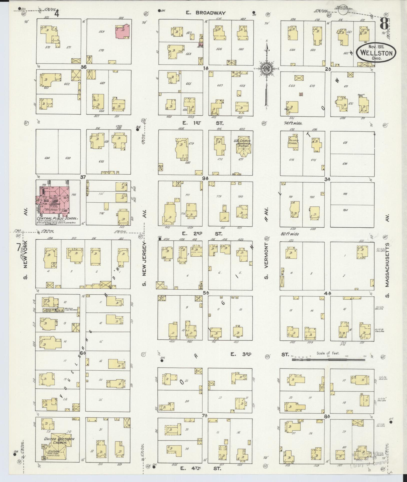 Sanborn Fire Insurance Map from Wellston, Jackson County, Ohio (1911), Sheet #0008 - Historic Sanborn Fire Insurance Map Print, vintage old map wall art, antique decor, genealogy gift, Ohio Ohio map