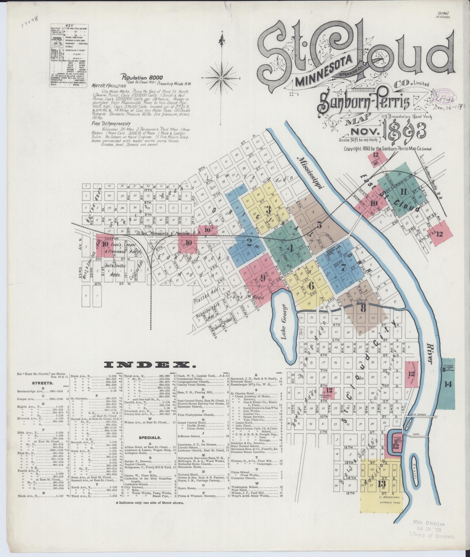 Sanborn Fire Insurance Map from Saint Cloud, Stearns, Benton, and Sherburne Counties, Minnesota (1893), Sheet #0001 - Complete Map Set gallery image, historic Sanborn map, vintage wall art, Minnesota Minnesota