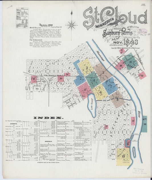 Sanborn Fire Insurance Map from Saint Cloud, Stearns, Benton, and Sherburne Counties, Minnesota (1893), Sheet #0001 - Complete Map Set gallery image, historic Sanborn map, vintage wall art, Minnesota Minnesota