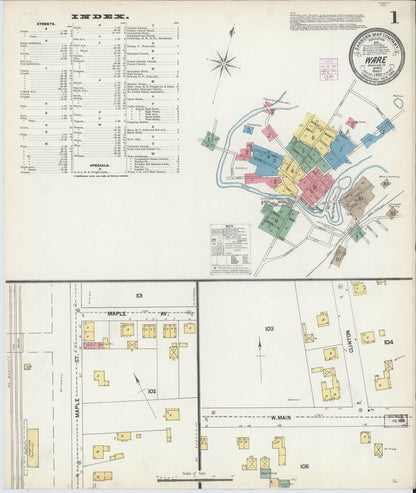 Sanborn Fire Insurance Map from Ware, Hampshire County, Massachusetts (1902), Sheet #0001 - Historic Sanborn Fire Insurance Map Print, vintage old map wall art, antique decor, genealogy gift, Massachusetts Massachusetts map