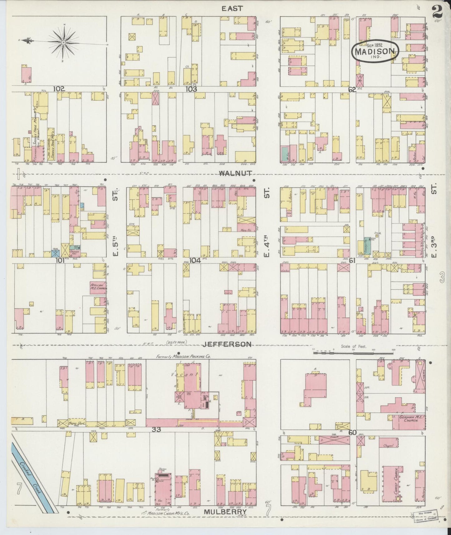 Sanborn Fire Insurance Map from Madison, Jefferson County, Indiana (1892), Sheet #0002 - Historic Sanborn Fire Insurance Map Print, vintage old map wall art, antique decor, genealogy gift, Indiana Indiana map