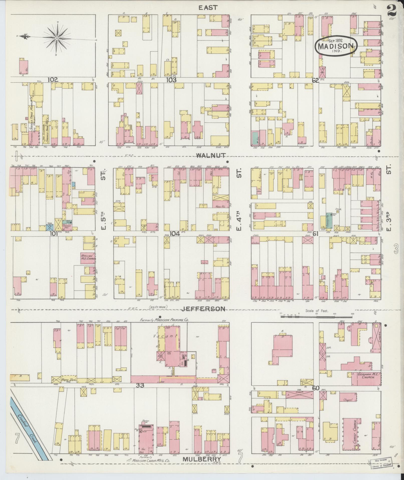 Sanborn Fire Insurance Map from Madison, Jefferson County, Indiana (1892), Sheet #0002 - Historic Sanborn Fire Insurance Map Print, vintage old map wall art, antique decor, genealogy gift, Indiana Indiana map