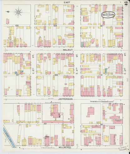 Sanborn Fire Insurance Map from Madison, Jefferson County, Indiana (1892), Sheet #0002 - Historic Sanborn Fire Insurance Map Print, vintage old map wall art, antique decor, genealogy gift, Indiana Indiana map