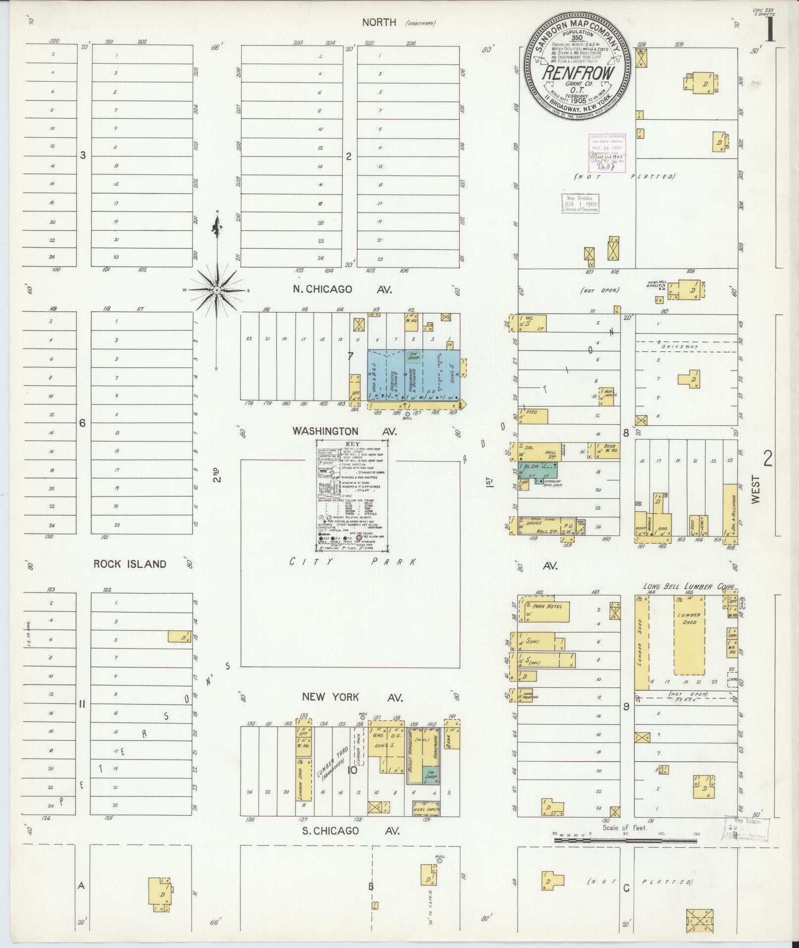 Sanborn Fire Insurance Map from Renfrow, Grant County, Oklahoma (1905), Sheet #0001 - Historic Sanborn Fire Insurance Map Print, vintage old map wall art, antique decor, genealogy gift, Oklahoma Oklahoma map