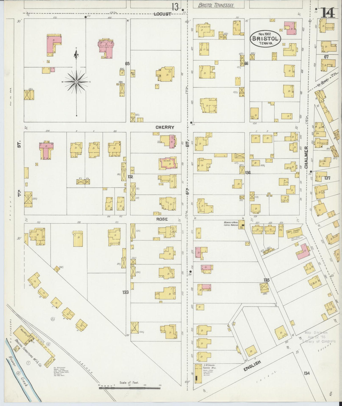 Sanborn Fire Insurance Map from Bristol, Sullivan County, Tennessee (1902), Sheet #0014 - Complete Map Set gallery image, historic Sanborn map, vintage wall art, Tennessee Tennessee