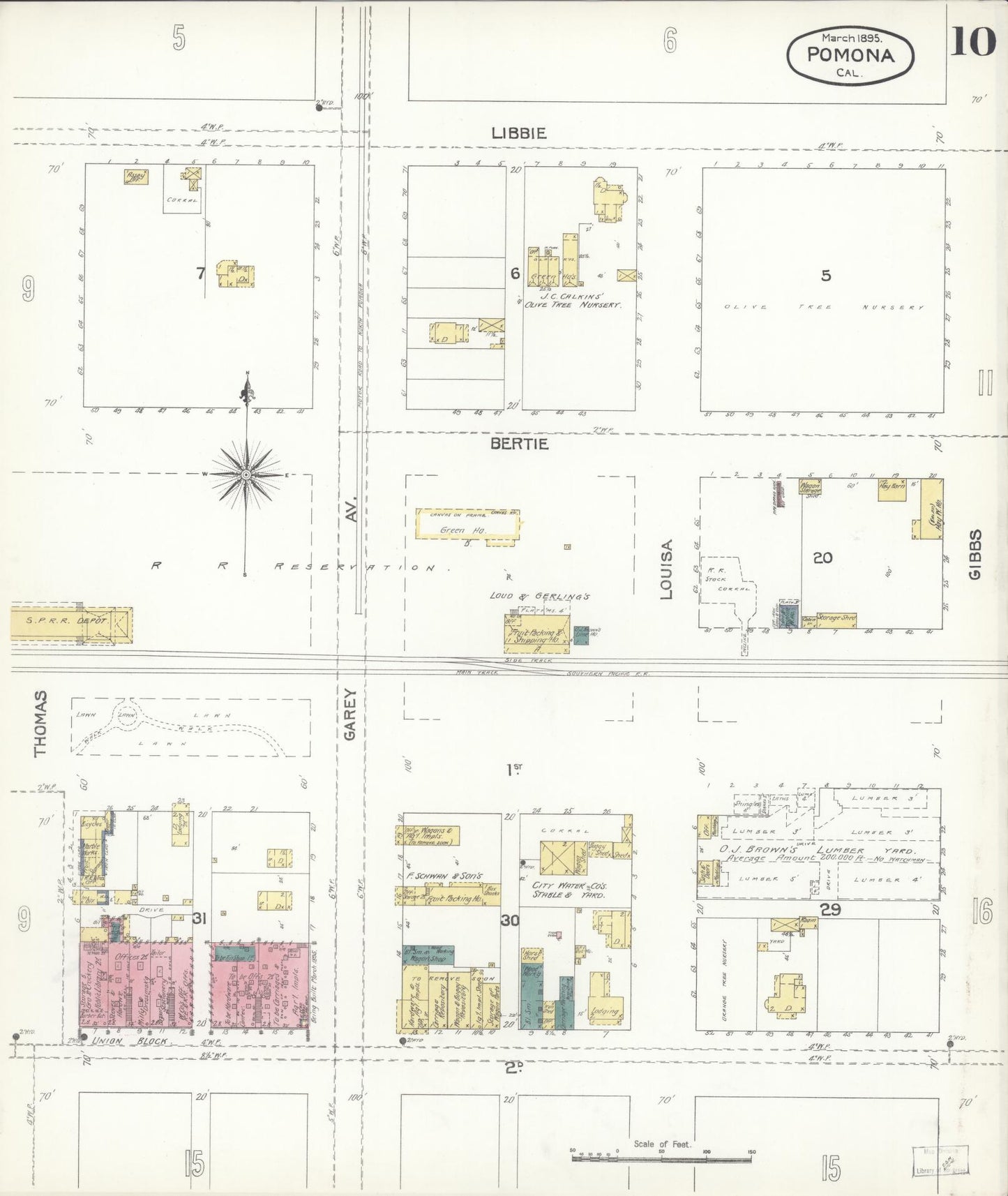 Sanborn Fire Insurance Map from Pomona, Los Angeles County, California (1895), Sheet #0010 - Complete Map Set gallery image, historic Sanborn map, vintage wall art, California California