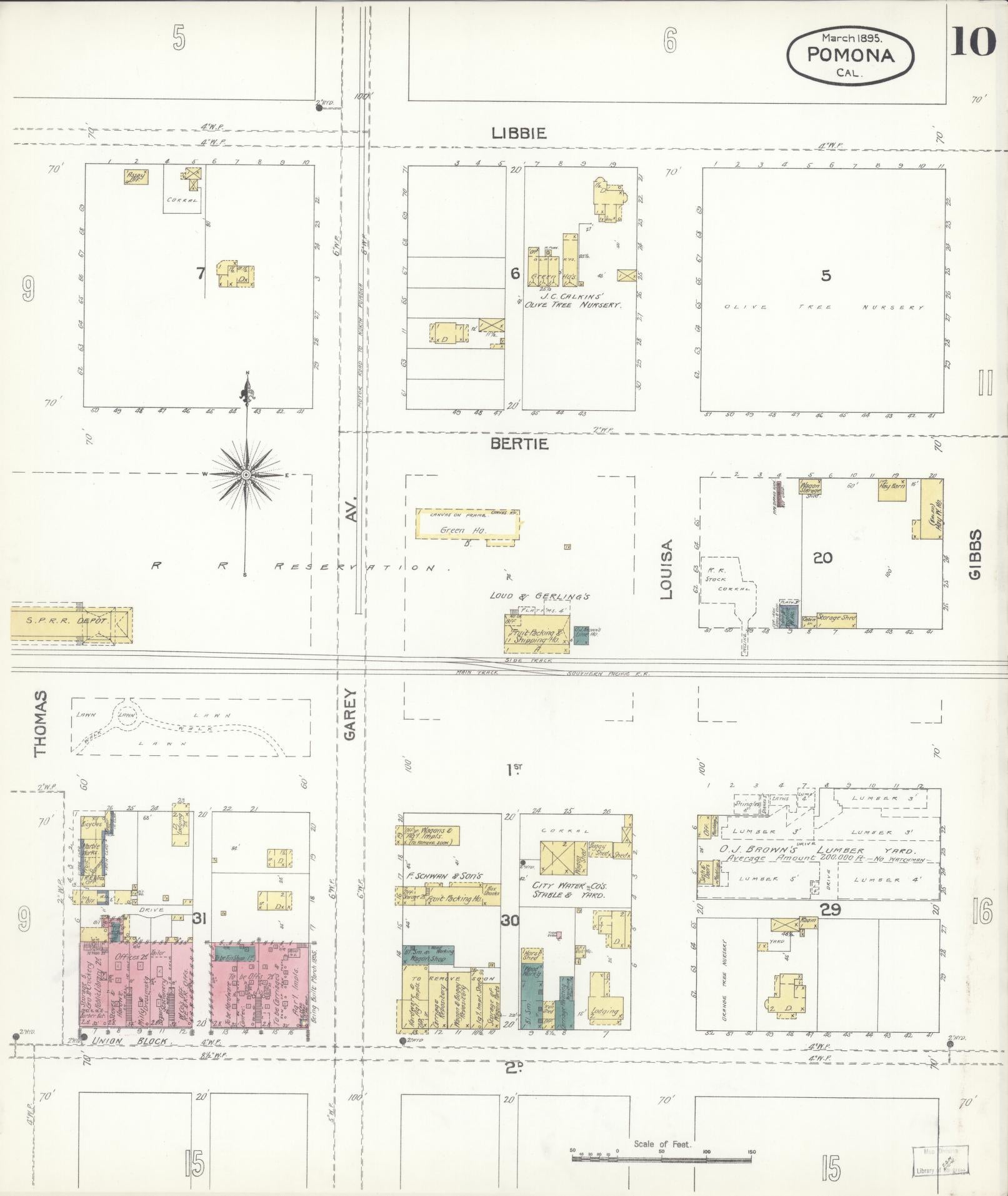 Sanborn Fire Insurance Map from Pomona, Los Angeles County, California (1895), Sheet #0010 - Complete Map Set gallery image, historic Sanborn map, vintage wall art, California California