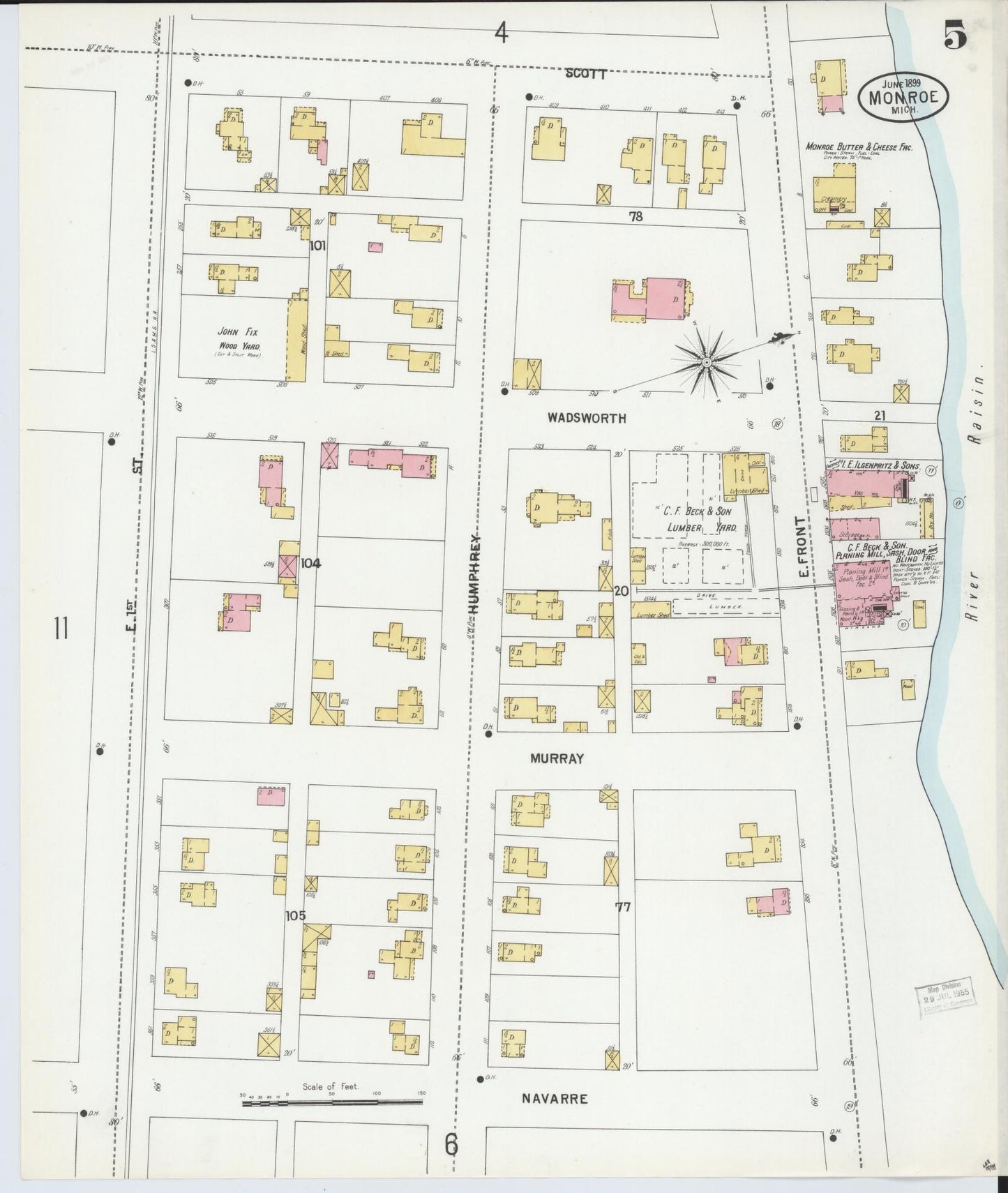 Sanborn Fire Insurance Map from Monroe, Monroe County, Michigan (1899), Sheet #0005 - Complete Map Set gallery image, historic Sanborn map, vintage wall art, Michigan Michigan