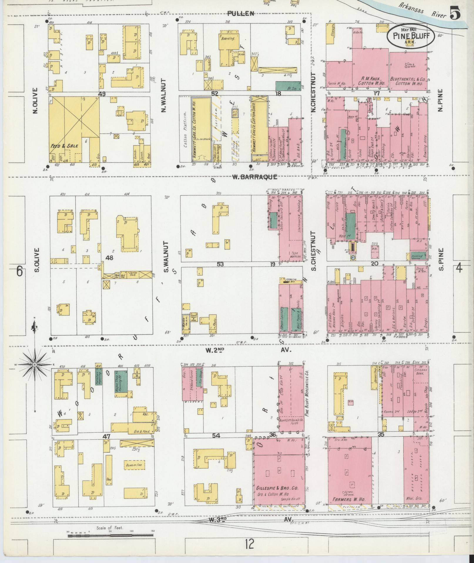 Sanborn Fire Insurance Map from Pine Bluff, Jefferson County, Arkansas (1901), Sheet #0005 - Historic Sanborn Fire Insurance Map Print, vintage old map wall art, antique decor, genealogy gift, Arkansas Arkansas map