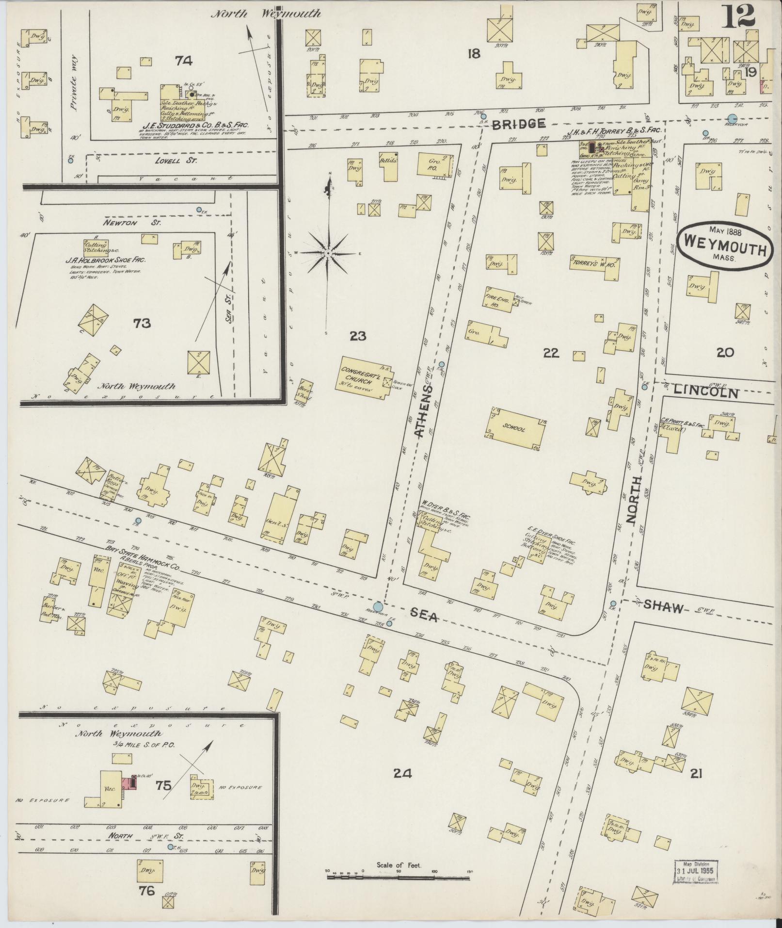 Sanborn Fire Insurance Map from Weymouth, Norfolk County, Massachusetts (1888), Sheet #0012 - Complete Map Set gallery image, historic Sanborn map, vintage wall art, Massachusetts Massachusetts