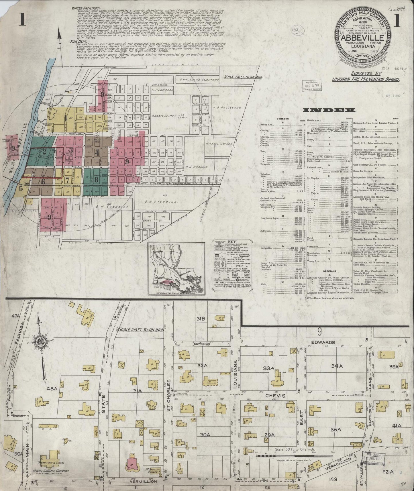 Sanborn Fire Insurance Map from Abbeville, Vermilion Parish, Louisiana (1923), Sheet #0001 - Complete Map Set gallery image, historic Sanborn map, vintage wall art, Louisiana Louisiana