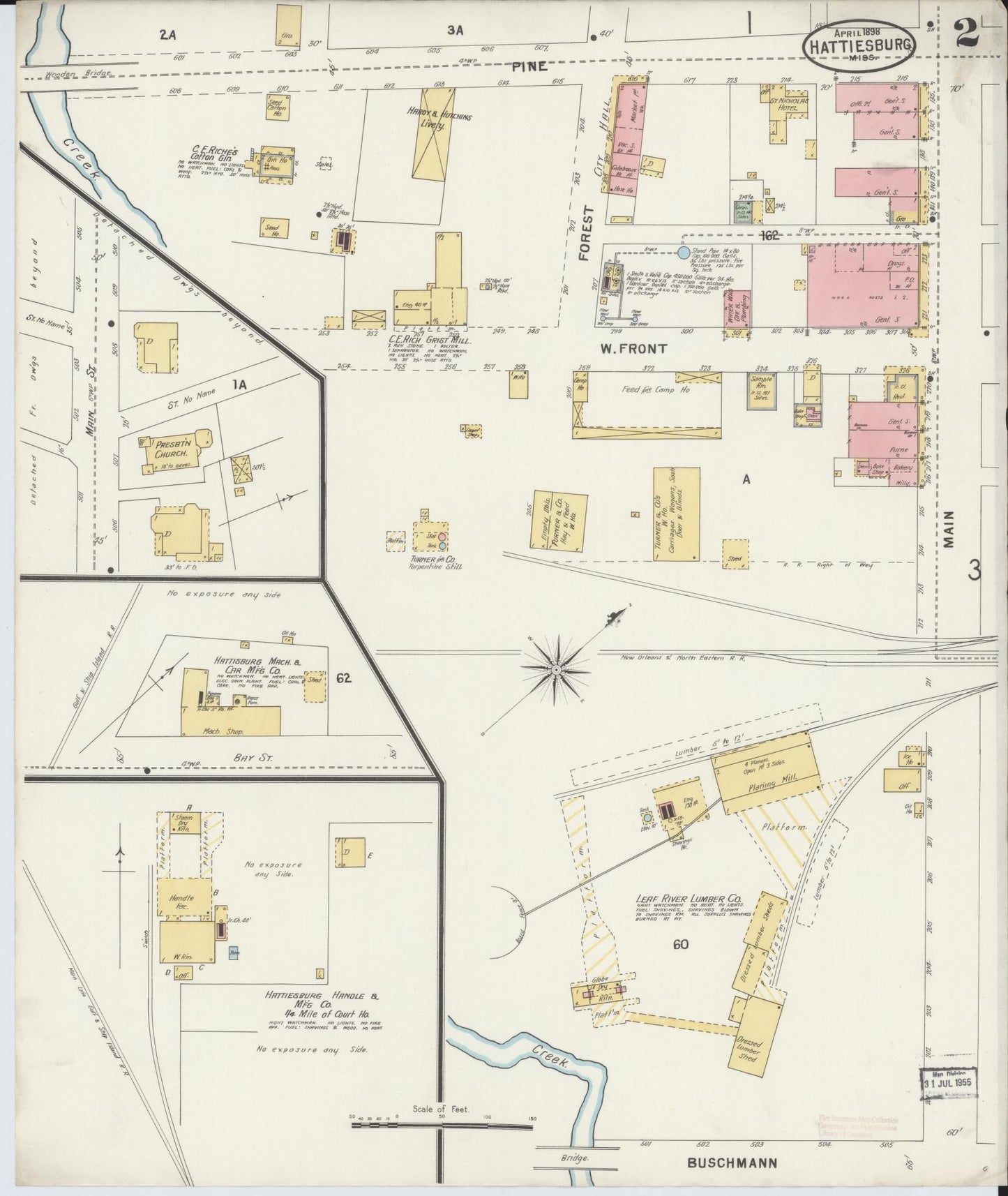 Sanborn Fire Insurance Map from Hattiesburg, Forrest County, Mississippi (1898), Sheet #0002 - Historic Sanborn Fire Insurance Map Print, vintage old map wall art, antique decor, genealogy gift, Mississippi Mississippi map
