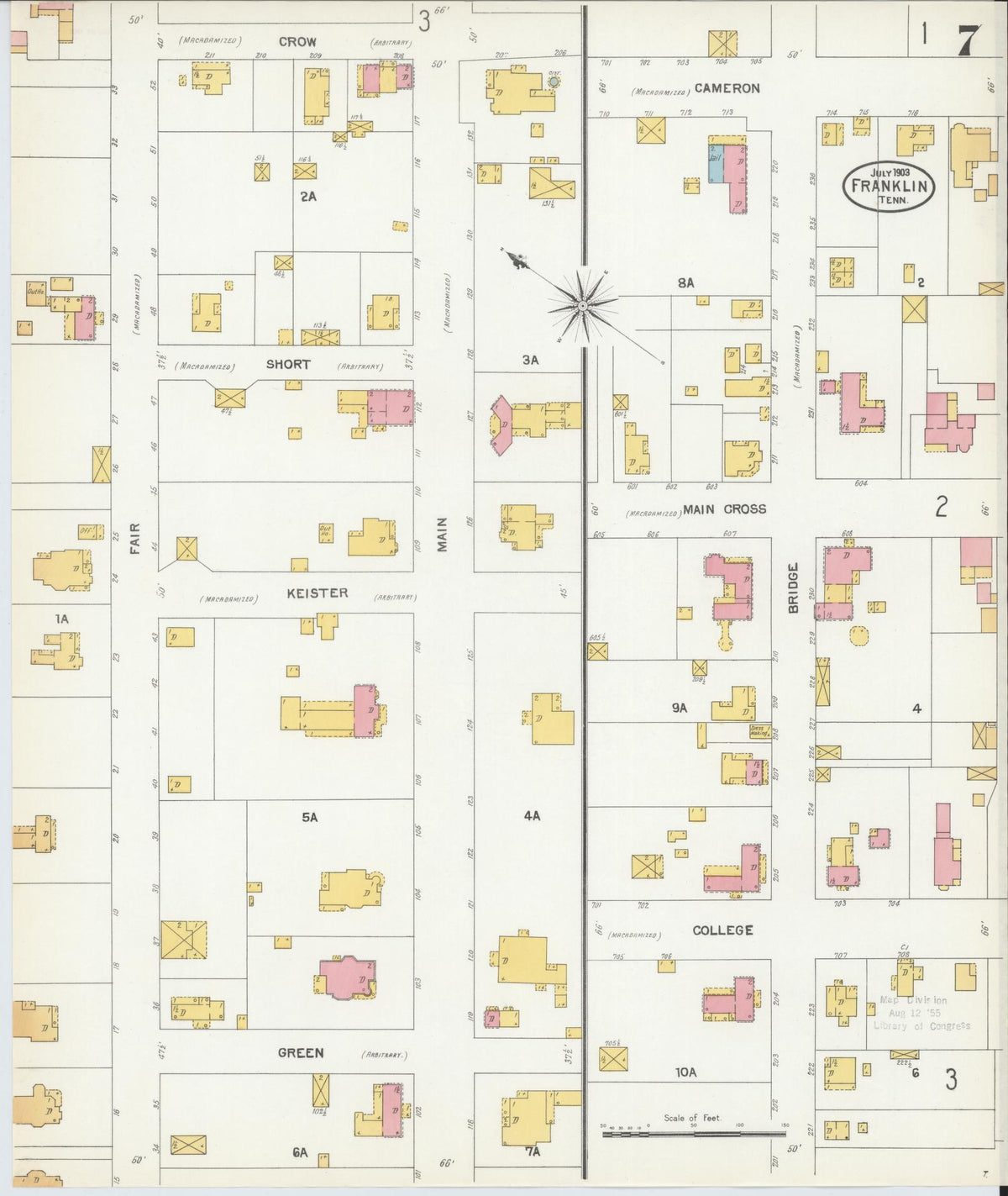 Sanborn Fire Insurance Map from Franklin, Williamson County, Tennessee (1903), Sheet #0007 - Historic Sanborn Fire Insurance Map Print, vintage old map wall art, antique decor, genealogy gift, Tennessee Tennessee map