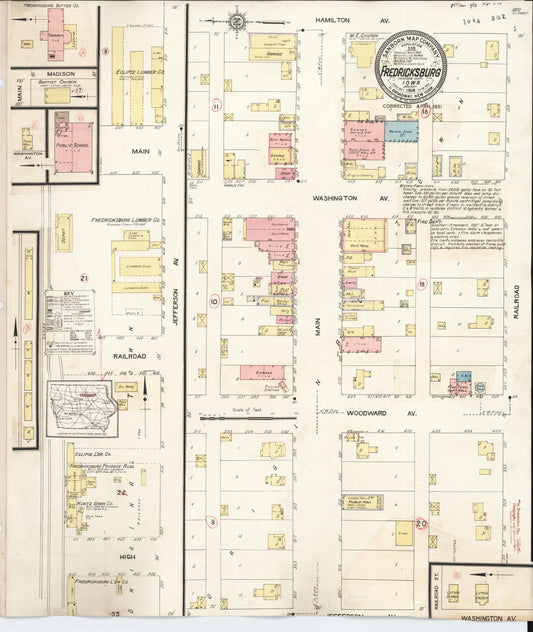Sanborn Fire Insurance Map from Fredericksburg, Chickasaw County, Iowa (1931), Sheet #0001 - Historic Sanborn Fire Insurance Map Print, vintage old map wall art