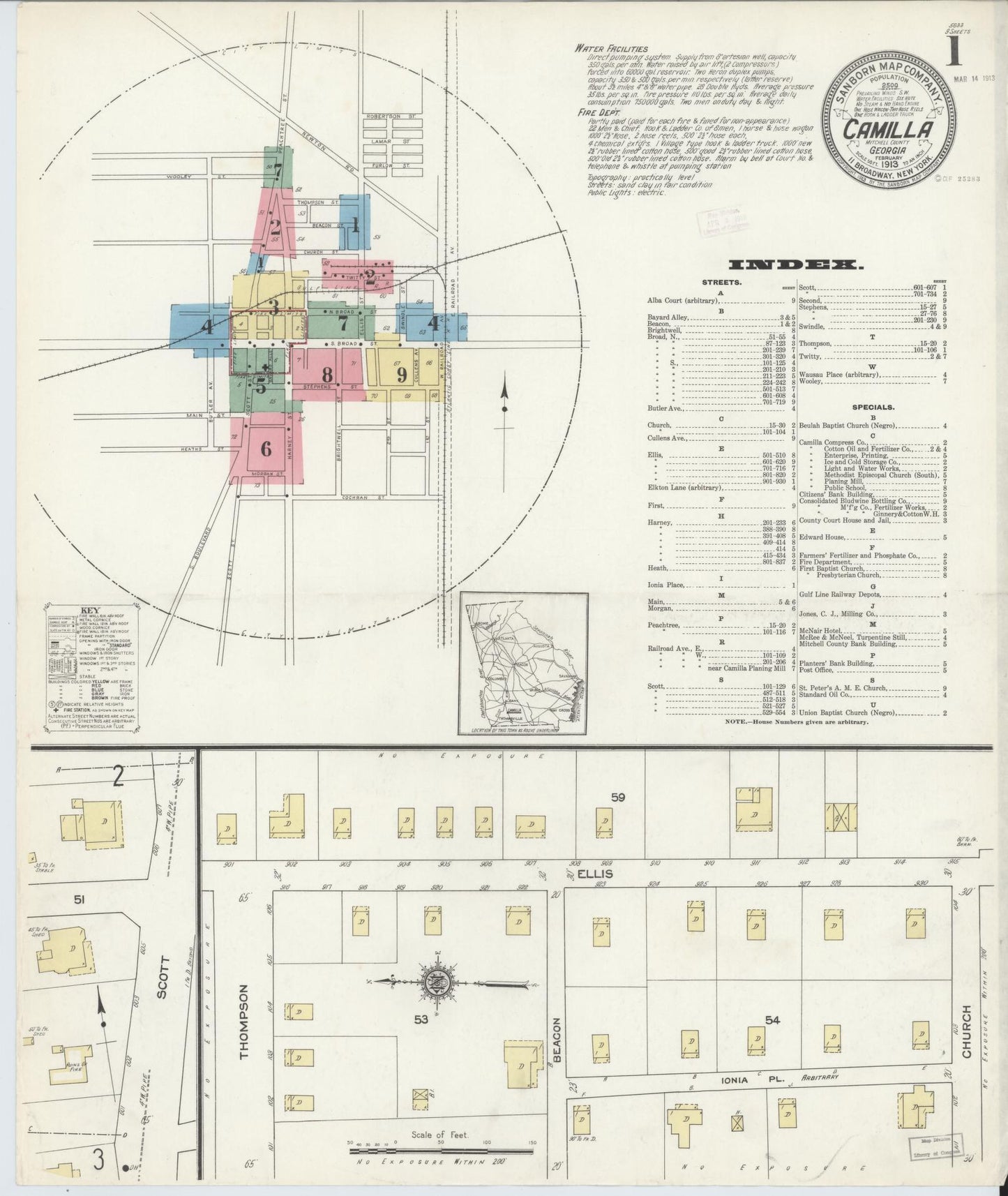 Sanborn Fire Insurance Map from Camilla, Mitchell County, Georgia (1913), Sheet #0001 - Historic Sanborn Fire Insurance Map Print, vintage old map wall art, antique decor, genealogy gift, Georgia Georgia map