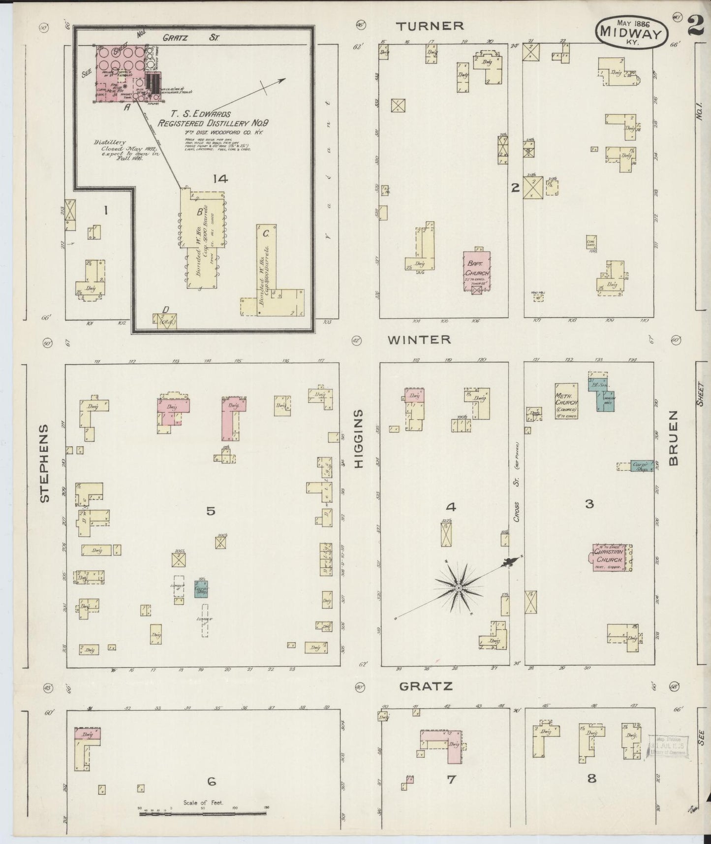 Sanborn Fire Insurance Map from Midway, Woodford County, Kentucky (1886), Sheet #0002 - Complete Map Set gallery image, historic Sanborn map, vintage wall art, Kentucky Kentucky