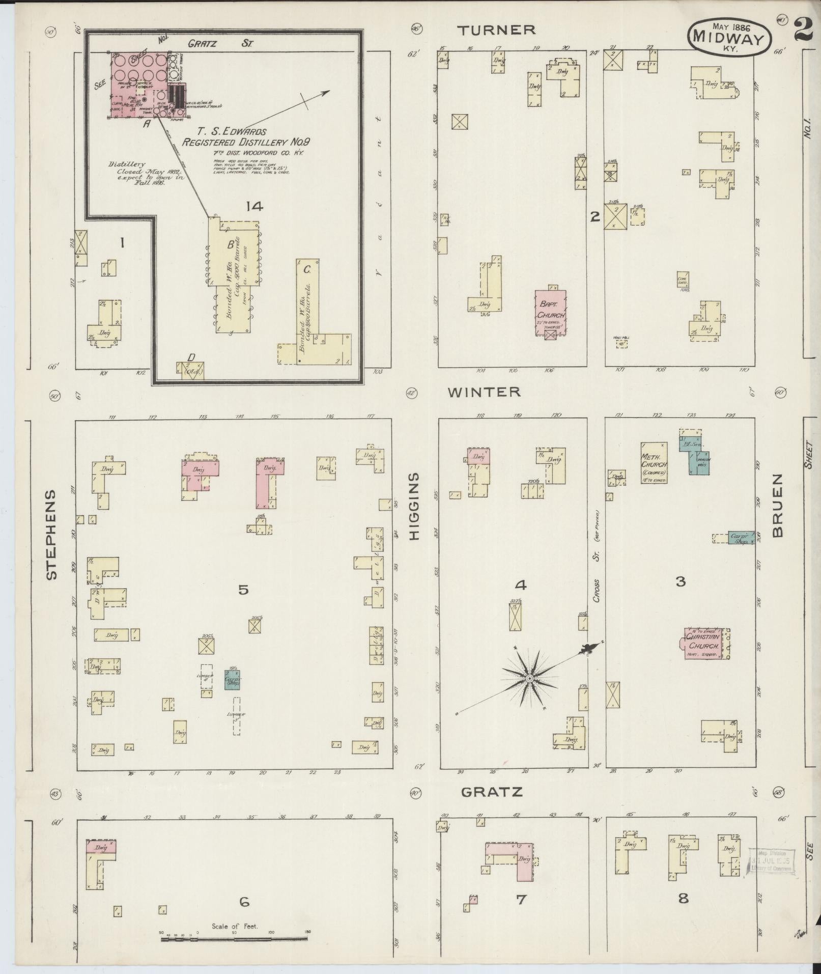 Sanborn Fire Insurance Map from Midway, Woodford County, Kentucky (1886), Sheet #0002 - Complete Map Set gallery image, historic Sanborn map, vintage wall art, Kentucky Kentucky
