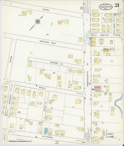Sanborn Fire Insurance Map from Arlington, Middlesex County, Massachusetts (1914), Sheet #0021 - Historic Sanborn Fire Insurance Map Print, vintage old map wall art, antique decor, genealogy gift, Massachusetts Massachusetts map