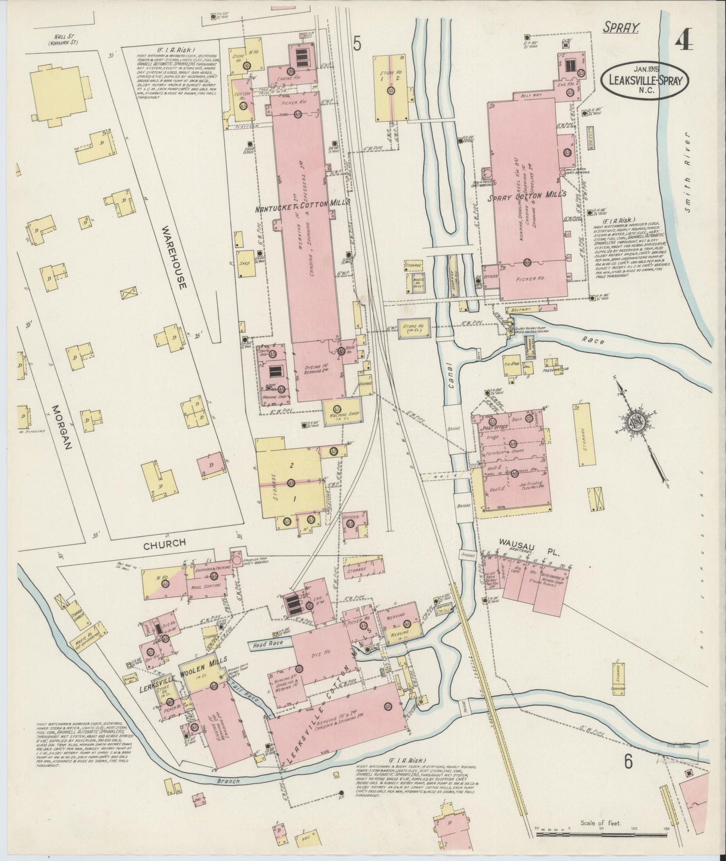 Sanborn Fire Insurance Map from Leaksville-spray, Rockingham County, North Carolina (1915), Sheet #0004 - Complete Map Set gallery image, historic Sanborn map, vintage wall art, North Carolina North Carolina