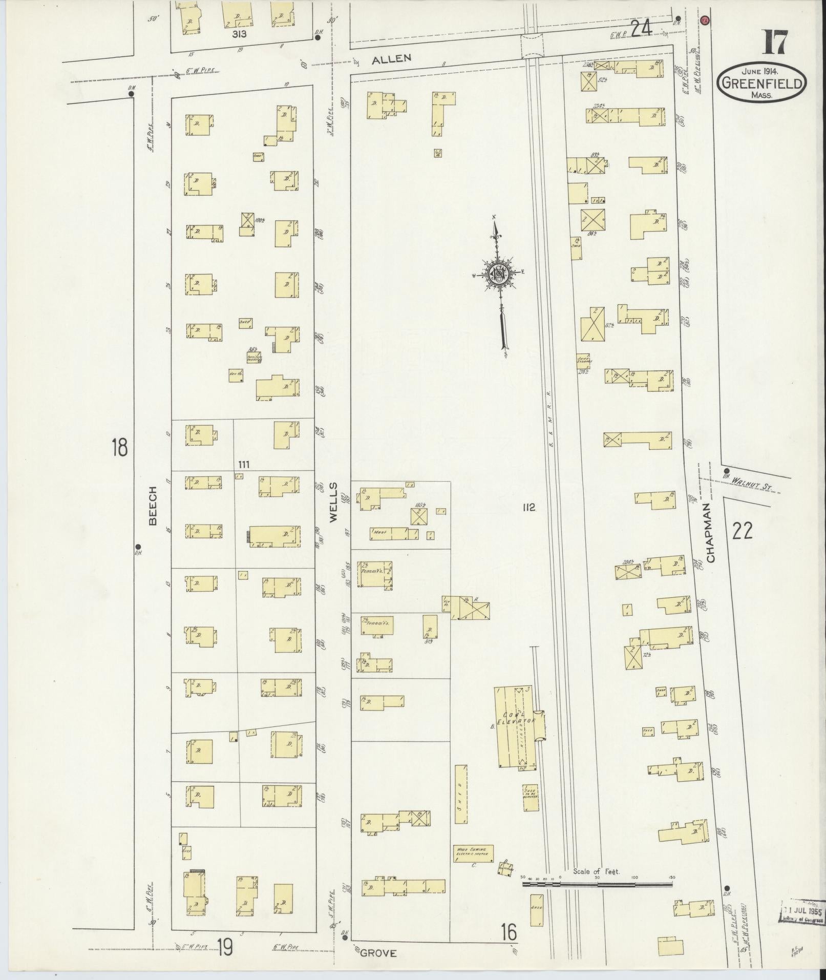 Sanborn Fire Insurance Map from Greenfield, Franklin County, Massachusetts (1914), Sheet #0017 - Historic Sanborn Fire Insurance Map Print, vintage old map wall art, antique decor, genealogy gift, Massachusetts Massachusetts map