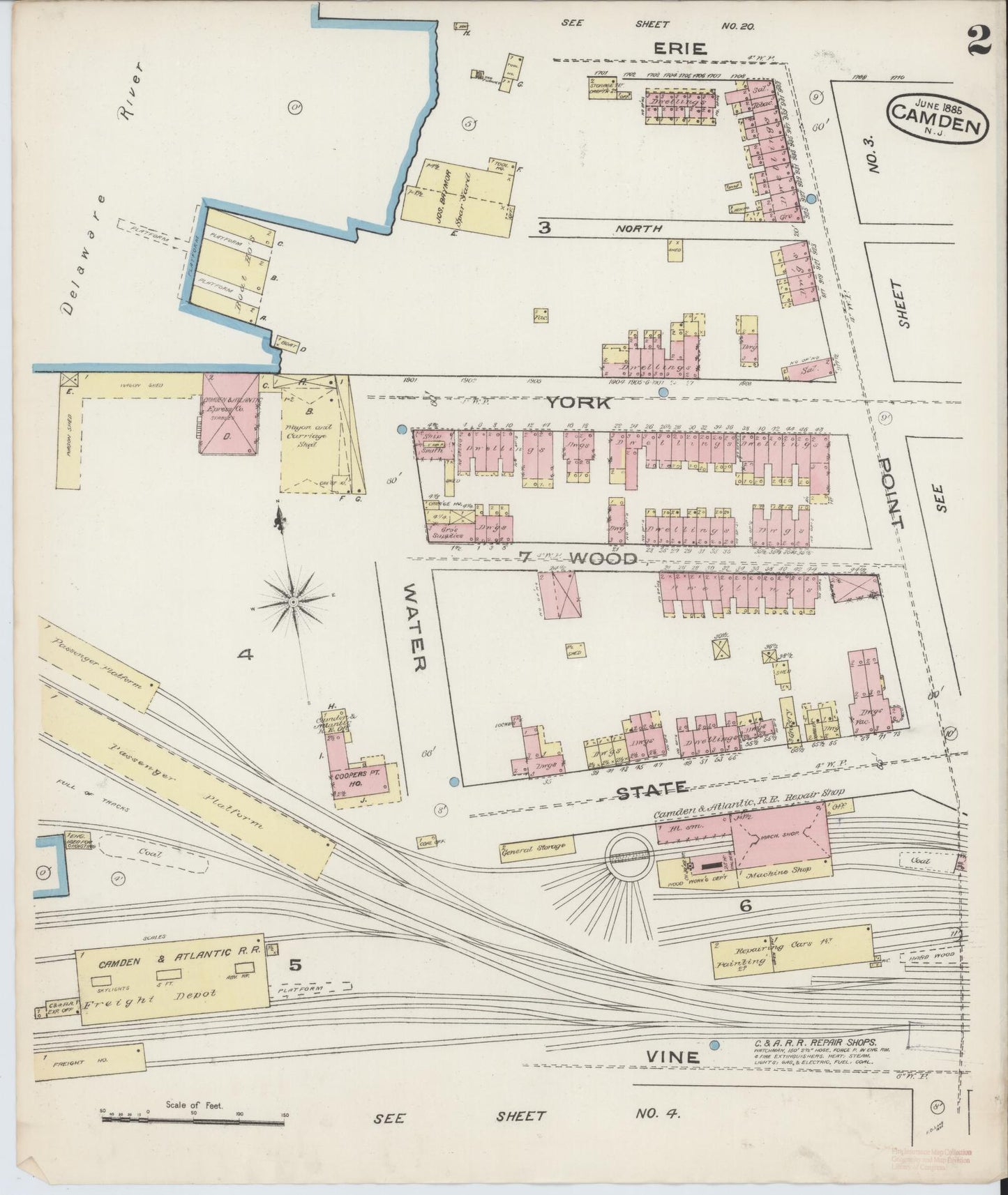 Sanborn Fire Insurance Map from Camden, Camden County, New Jersey (1885), Sheet #0002 - Historic Sanborn Fire Insurance Map Print, vintage old map wall art, antique decor, genealogy gift, New Jersey New Jersey map