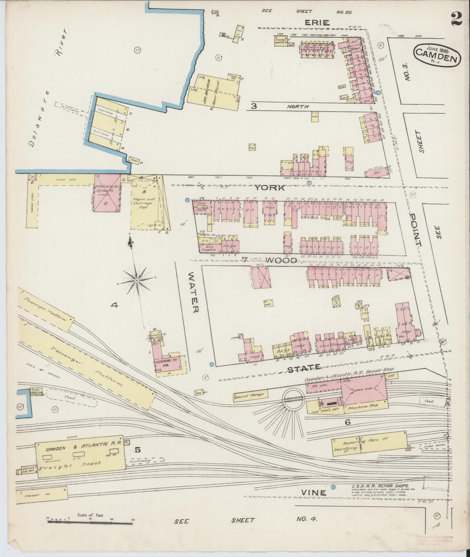 Sanborn Fire Insurance Map from Camden, Camden County, New Jersey (1885), Sheet #0002 - Historic Sanborn Fire Insurance Map Print, vintage old map wall art, antique decor, genealogy gift, New Jersey New Jersey map