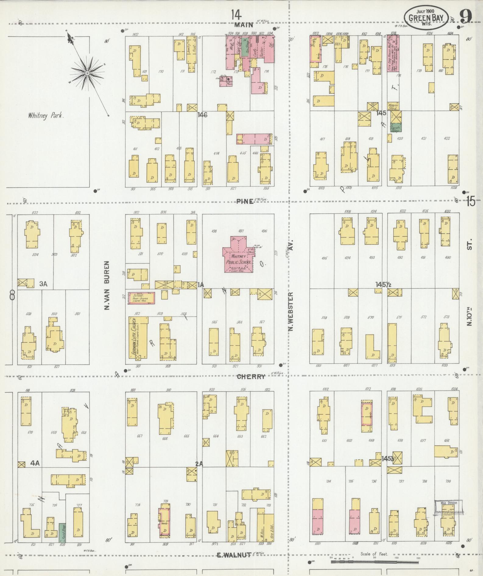 Sanborn Fire Insurance Map from Green Bay, Brown County, Wisconsin (1900), Sheet #0009 - Historic Sanborn Fire Insurance Map Print, vintage old map wall art, antique decor, genealogy gift, Wisconsin Wisconsin map