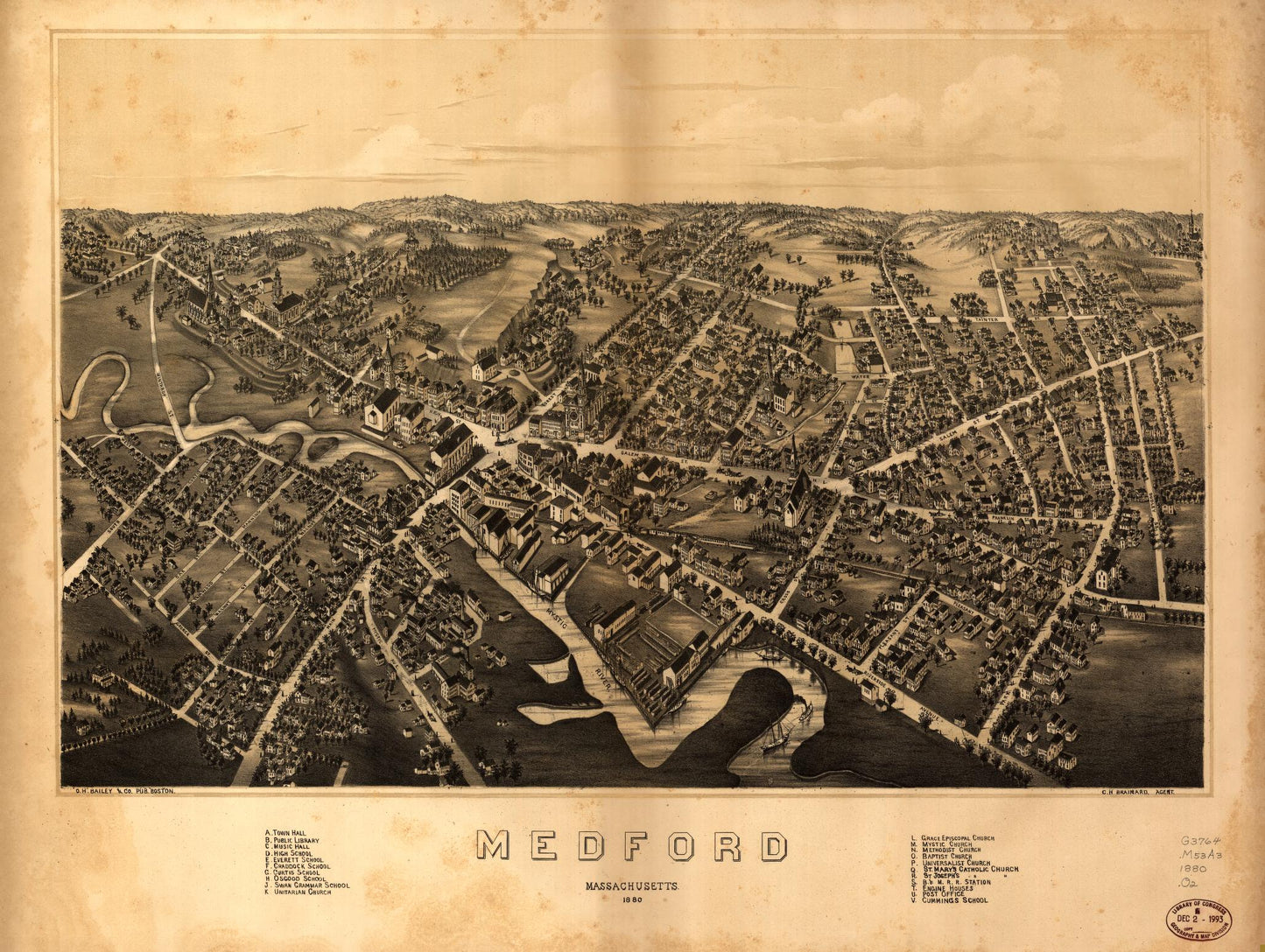 Medford, Massachusetts : 1880. (1880) – Historic Bird’s-Eye View Panorama Print