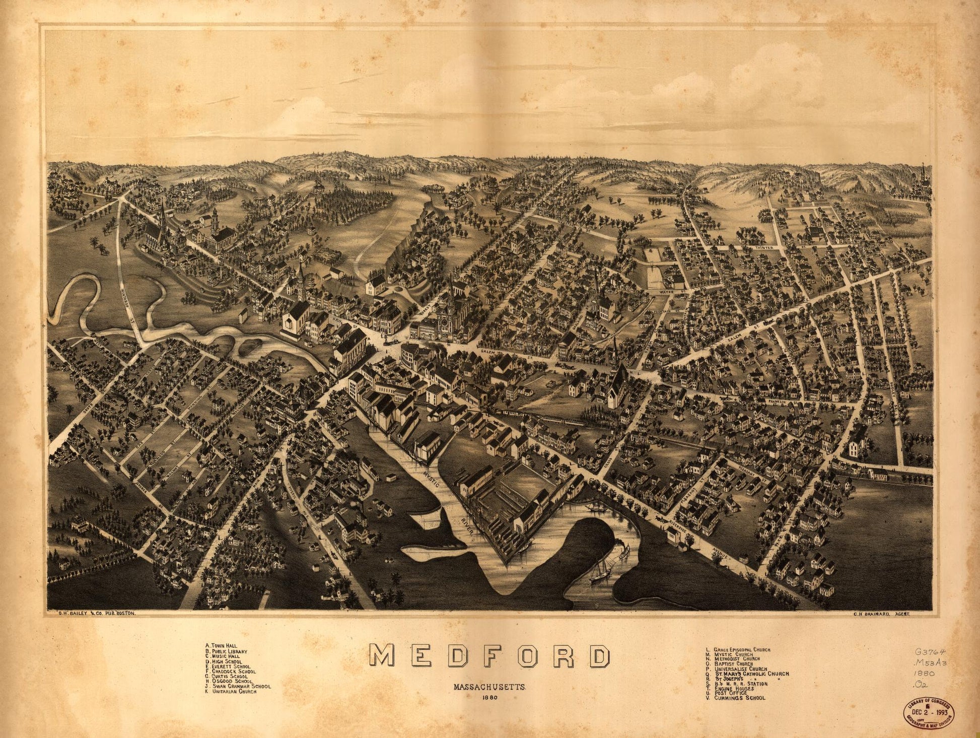 Medford, Massachusetts : 1880. (1880) – Historic Bird’s-Eye View Panorama Print