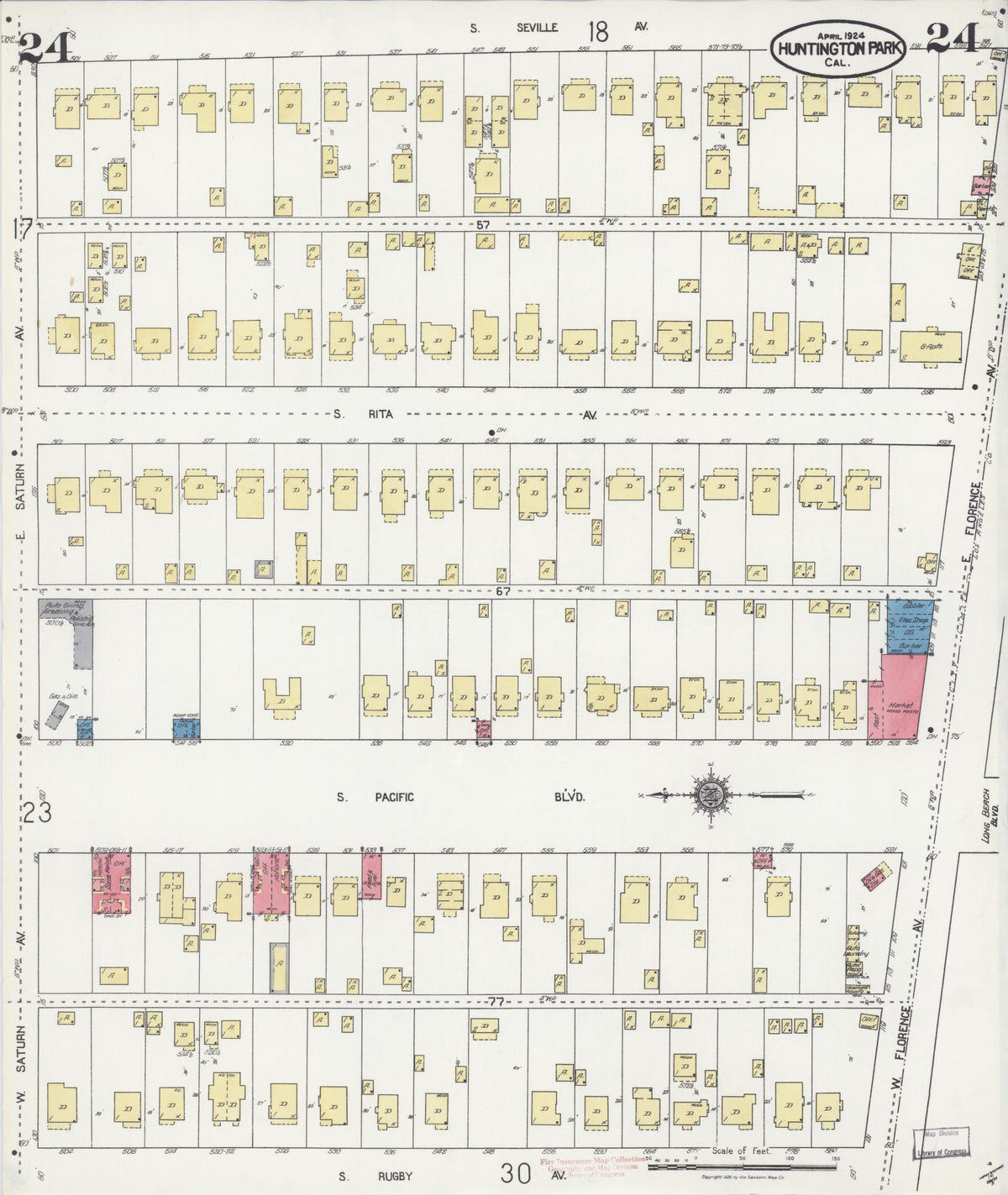 Sanborn Fire Insurance Map from Huntington Park, Los Angeles County, California (1924), Sheet #0024 - Complete Map Set gallery image, historic Sanborn map, vintage wall art, California California