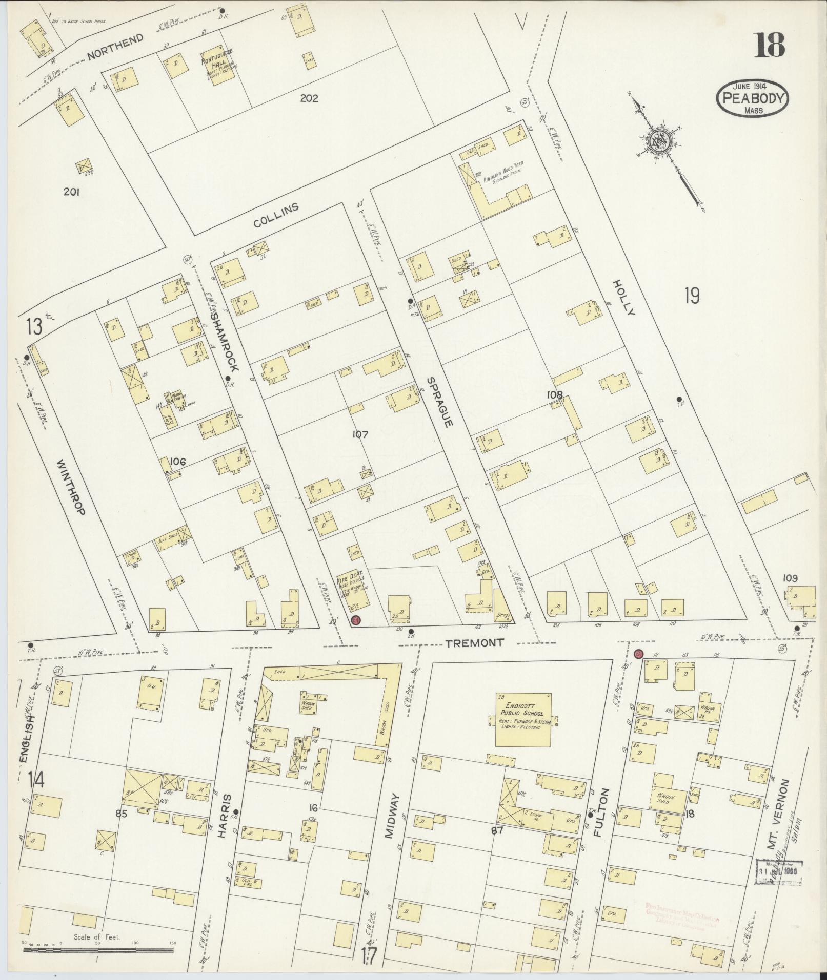 Sanborn Fire Insurance Map from Peabody, Essex County, Massachusetts (1914), Sheet #0018 - Complete Map Set gallery image, historic Sanborn map, vintage wall art, Massachusetts Massachusetts