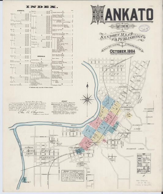 Sanborn Fire Insurance Map from Mankato, Blue Earth County, Minnesota (1884), Sheet #0001 - Historic Sanborn Fire Insurance Map Print, vintage old map wall art, antique decor, genealogy gift, Minnesota Minnesota map