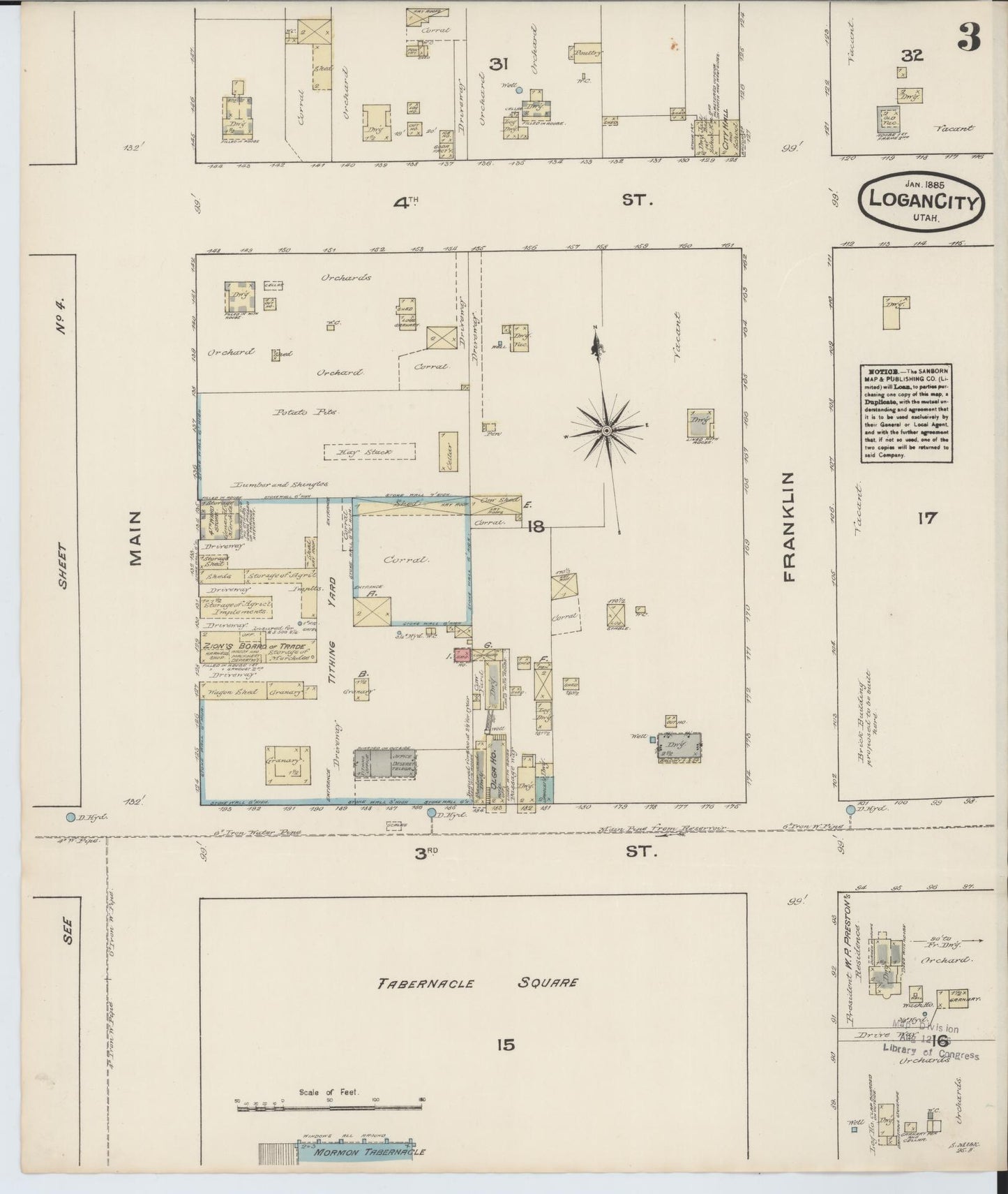 Sanborn Fire Insurance Map from Logan, Cache County, Utah (1885), Sheet #0003 - Historic Sanborn Fire Insurance Map Print, vintage old map wall art, antique decor, genealogy gift, Utah Utah map