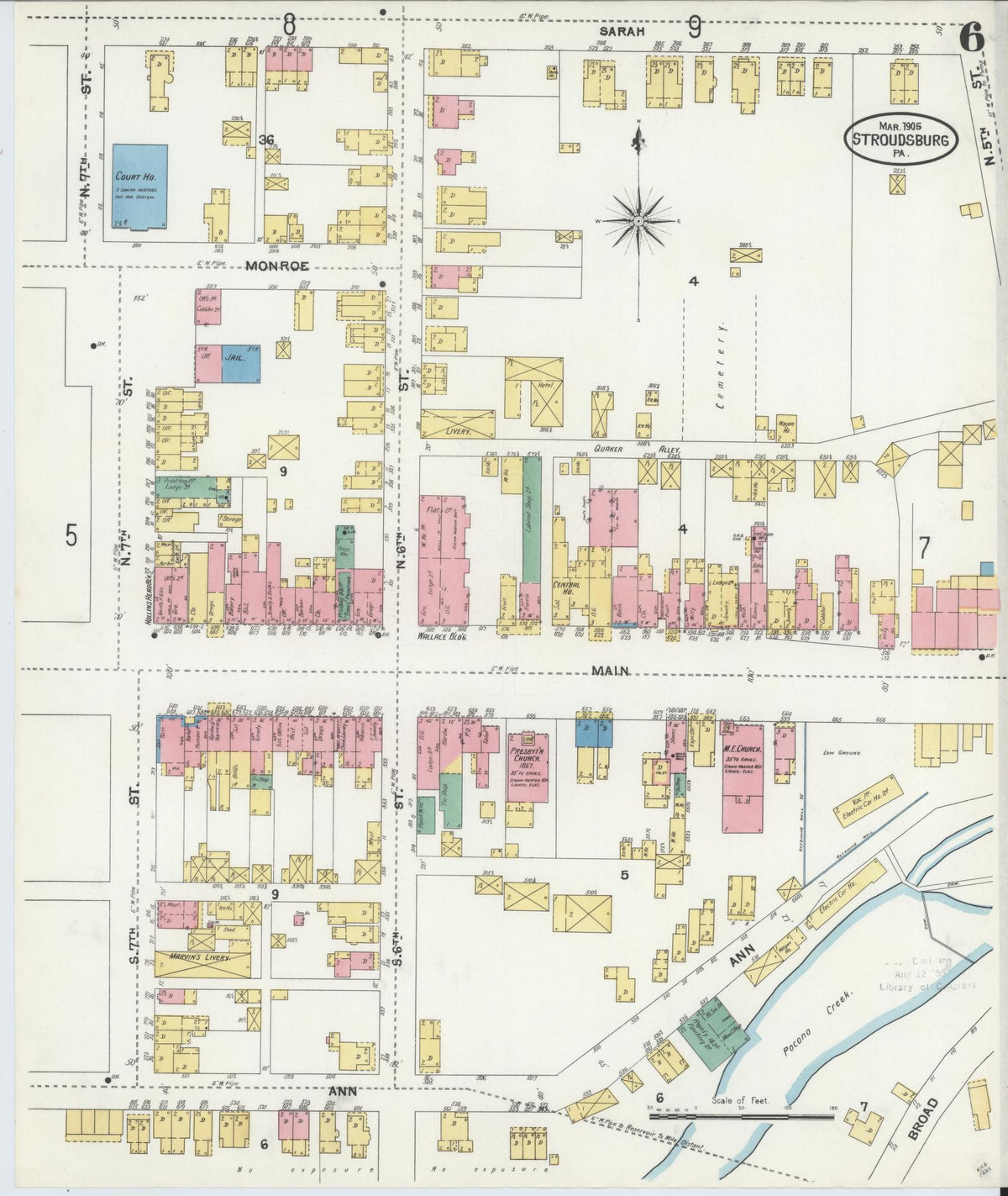 Sanborn Fire Insurance Map from Stroudsburg, Monroe County, Pennsylvania (1905), Sheet #0006 - Historic Sanborn Fire Insurance Map Print, vintage old map wall art, antique decor, genealogy gift, Pennsylvania Pennsylvania map