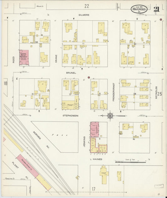 Sanborn Fire Insurance Map from Waycross, Ware County, Georgia (1913), Sheet #0021 - Historic Sanborn Fire Insurance Map Print, vintage old map wall art, antique decor, genealogy gift, Georgia Georgia map