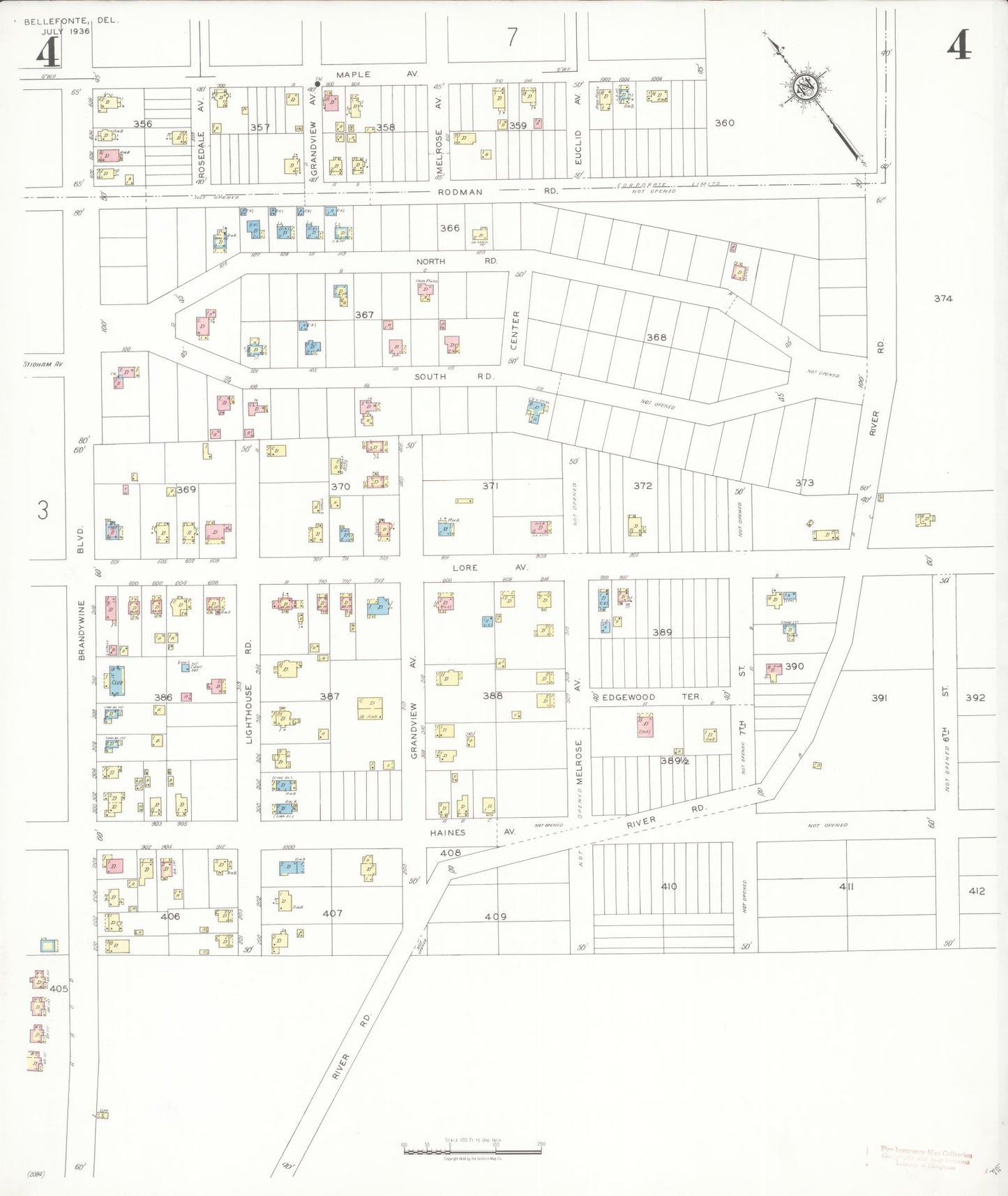 Sanborn Fire Insurance Map from Bellefonte, New Castle County, Delaware (1936), Sheet #0004 - Historic Sanborn Fire Insurance Map Print, vintage old map wall art, antique decor, genealogy gift, Delaware Delaware map