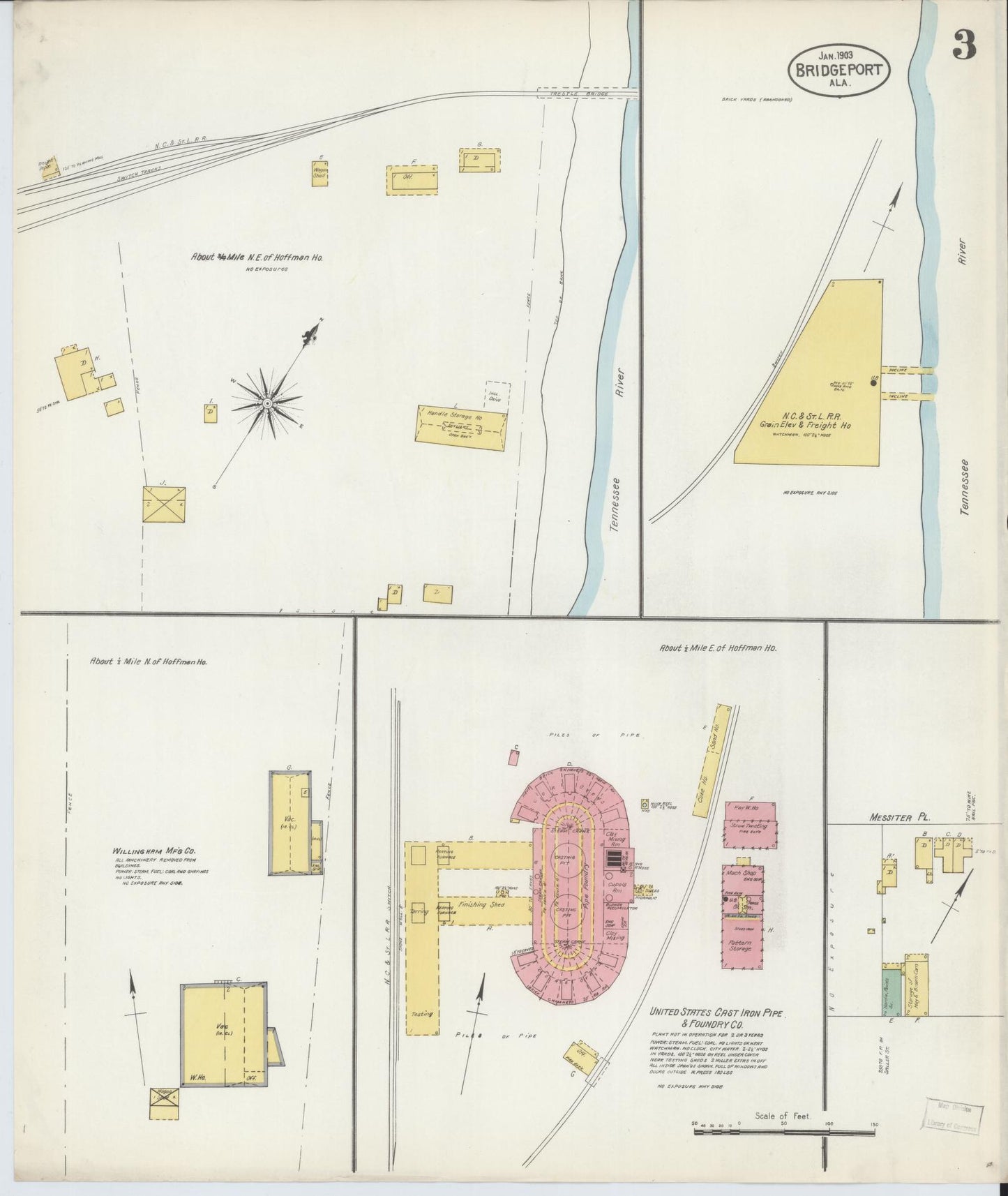 Sanborn Fire Insurance Map from Bridgeport, Jackson County, Alabama (1903), Sheet #0003 - Historic Sanborn Fire Insurance Map Print, vintage old map wall art, antique decor, genealogy gift, Alabama Alabama map