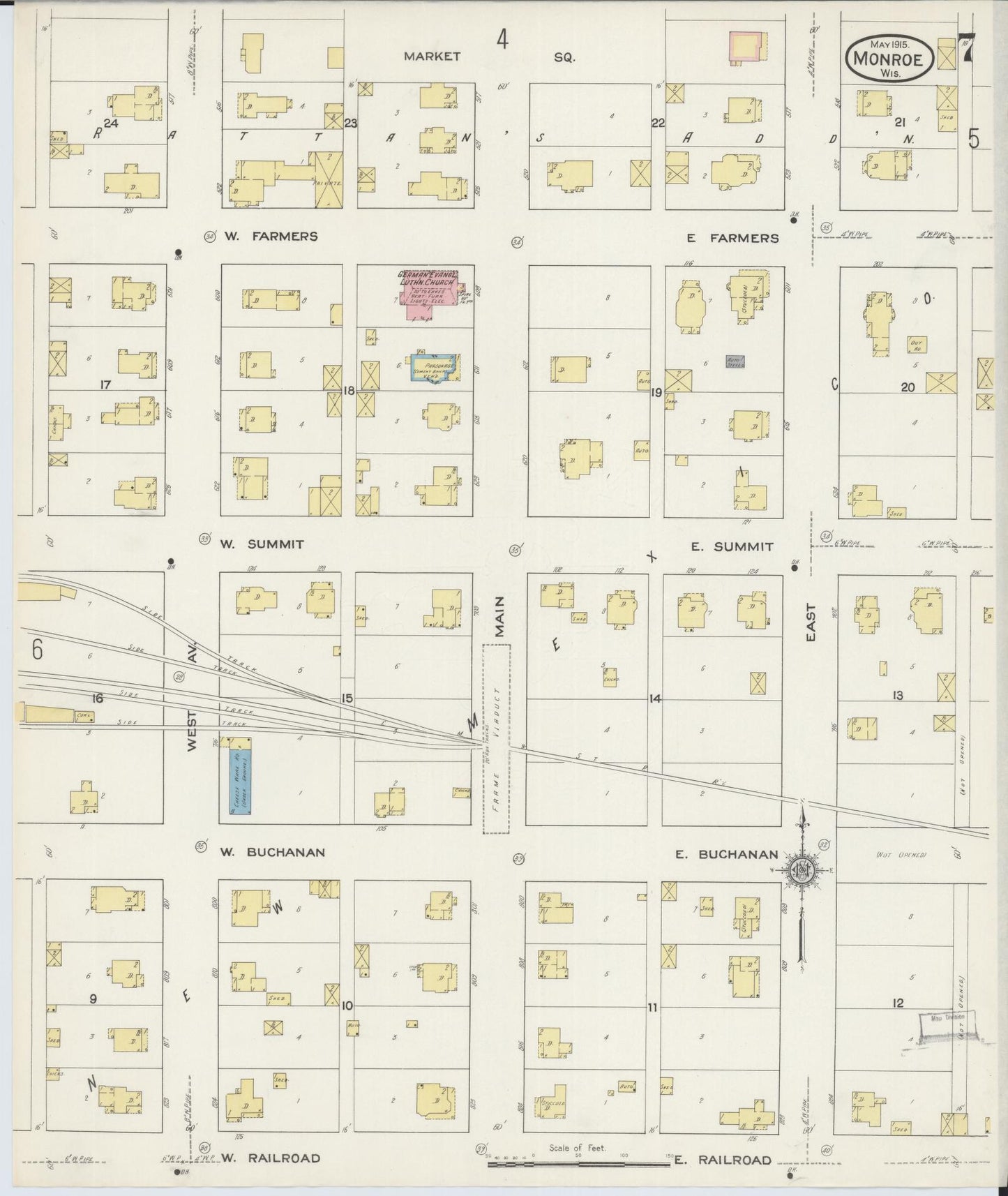 Sanborn Fire Insurance Map from Monroe, Green County, Wisconsin (1915), Sheet #0007 - Complete Map Set gallery image, historic Sanborn map, vintage wall art, Wisconsin Wisconsin