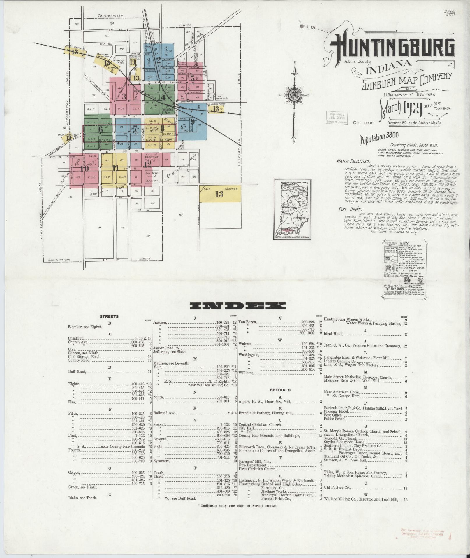 Sanborn Fire Insurance Map from Huntingburg, Dubois County, Indiana (1921), Sheet #0001 - Complete Map Set gallery image, historic Sanborn map, vintage wall art, Indiana Indiana