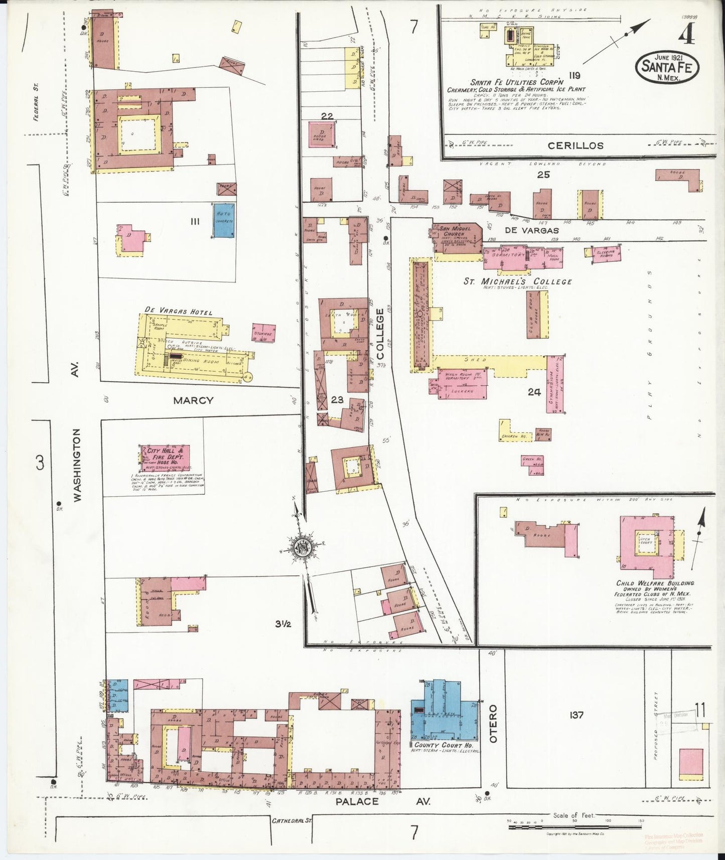 Sanborn Fire Insurance Map from Santa Fe, Santa Fe County, New Mexico (1921), Sheet #0004 - Complete Map Set gallery image, historic Sanborn map, vintage wall art, New Mexico New Mexico