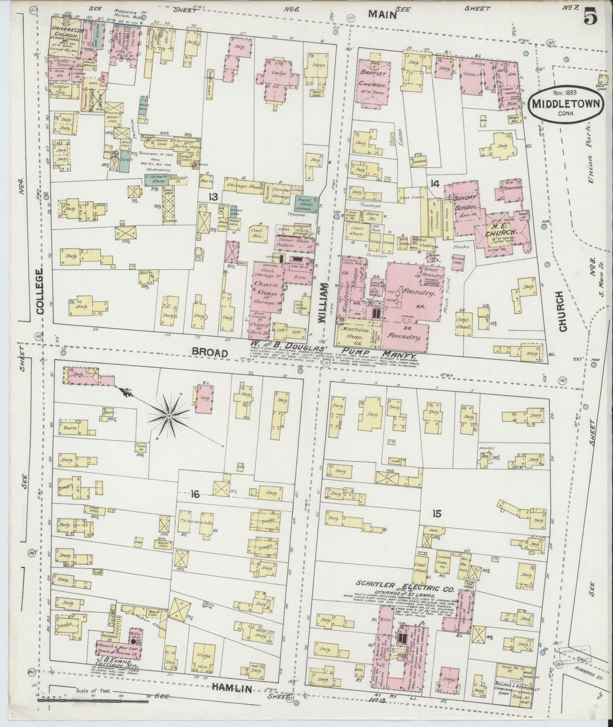 Sanborn Fire Insurance Map from Middletown, Middlesex County, Connecticut (1889), Sheet #0005 - Historic Sanborn Fire Insurance Map Print, vintage old map wall art, antique decor, genealogy gift, Connecticut Connecticut map