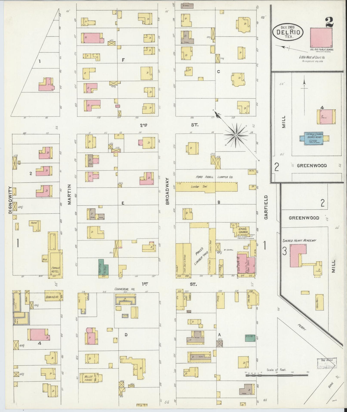 Sanborn Fire Insurance Map from Del Rio, Val Verde County, Texas (1905), Sheet #0002 - Historic Sanborn Fire Insurance Map Print, vintage old map wall art, antique decor, genealogy gift, Texas Texas map