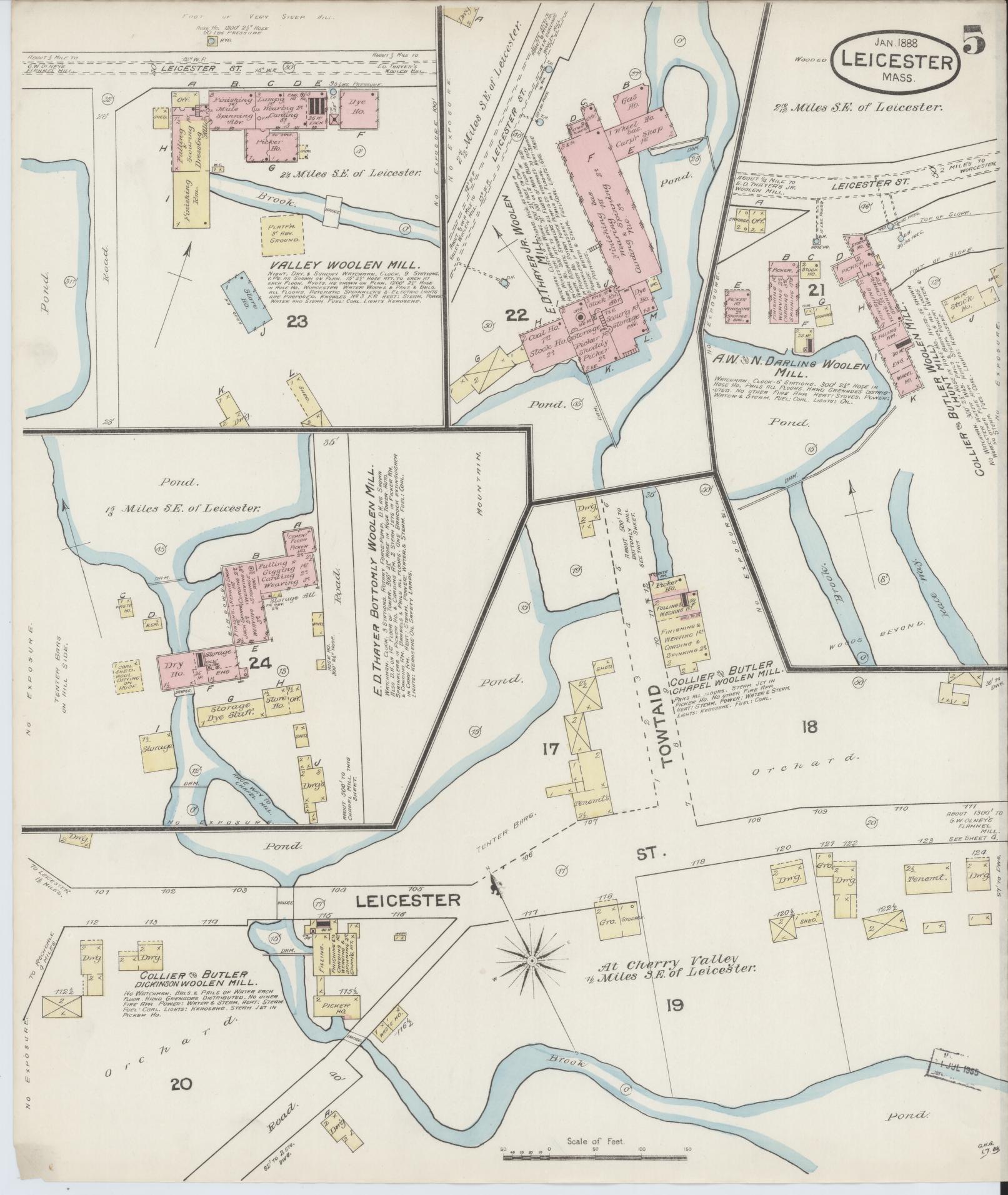 Sanborn Fire Insurance Map from Leicester, Worcester County, Massachusetts (1888), Sheet #0005 - Historic Sanborn Fire Insurance Map Print, vintage old map wall art, antique decor, genealogy gift, Massachusetts Massachusetts map